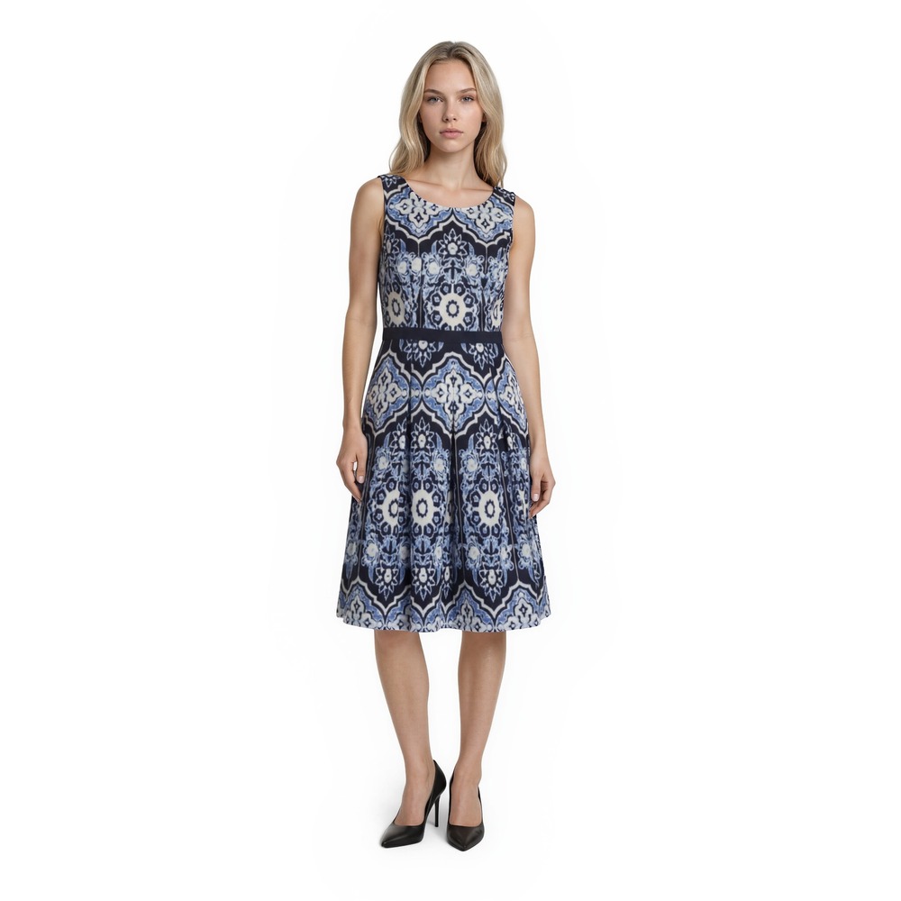 Talbots Fit Flare Dress Women's Size 10P Blue White Damask Tile Cotton